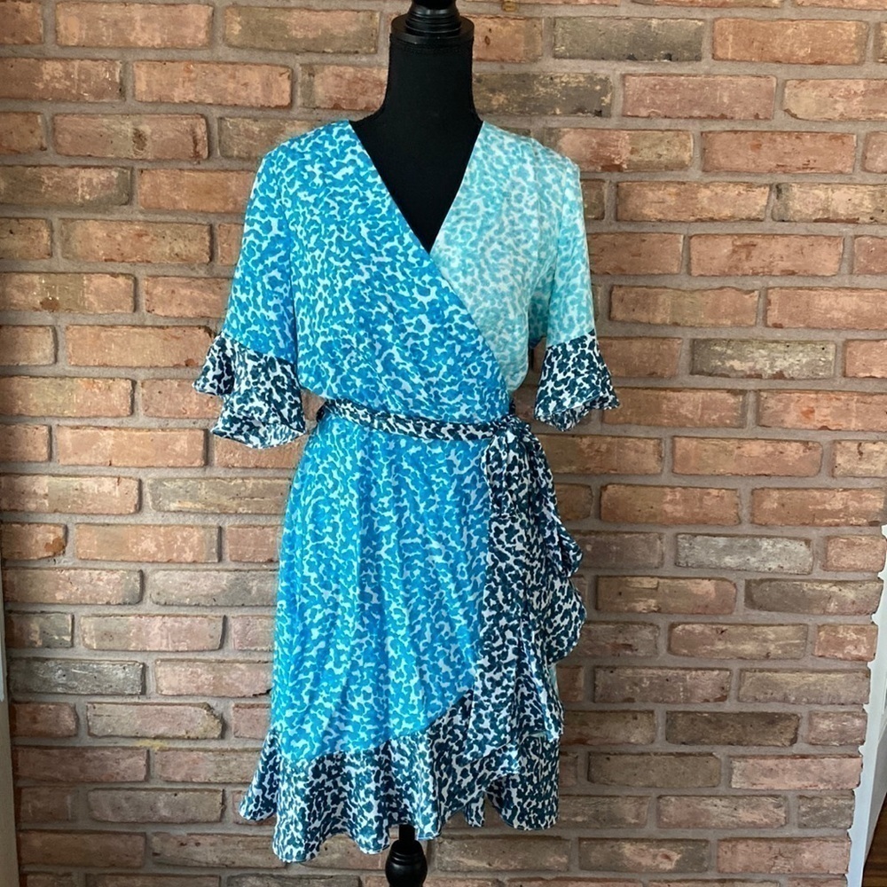 Marie Oliver Blue Multi-Pattern Wrap Dress